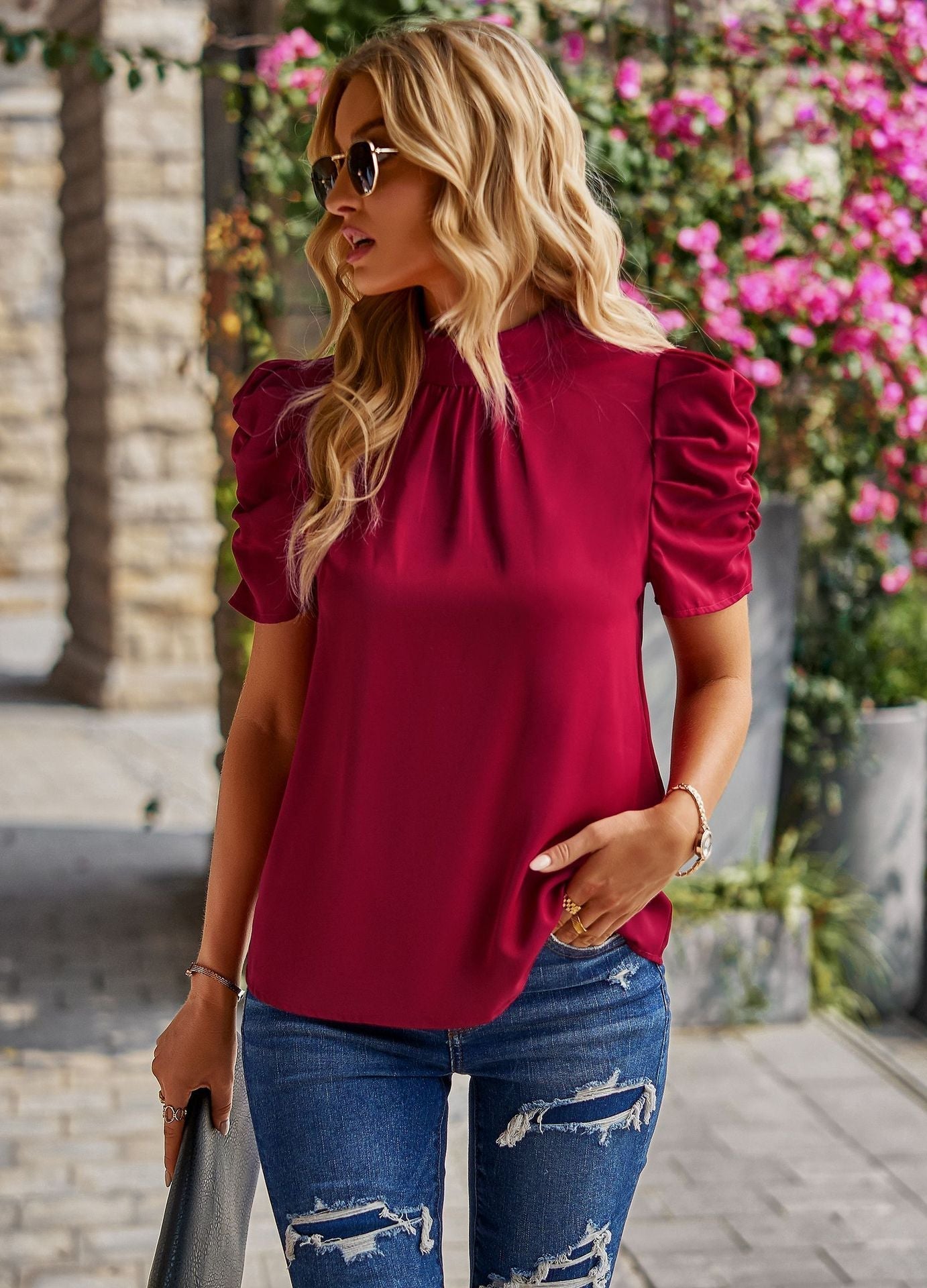 Elegantes Damen-Top mit gerafften Puffärmeln, Größe