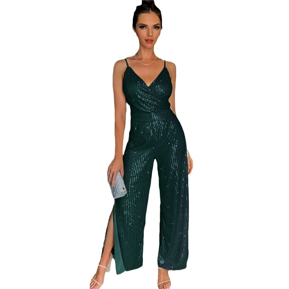 Glamouröser Damen-Overall mit funkelndem Paillettenbesatz und elegantem Schlitz, Größe [Größe]