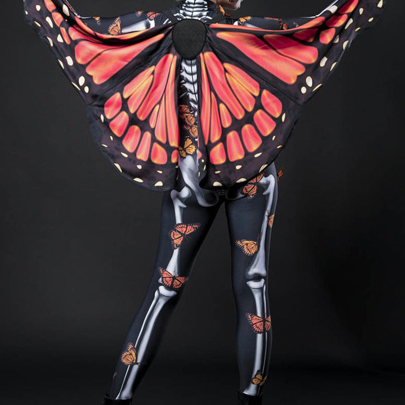 Women's bodysuit with skeleton pattern and butterfly wings, size