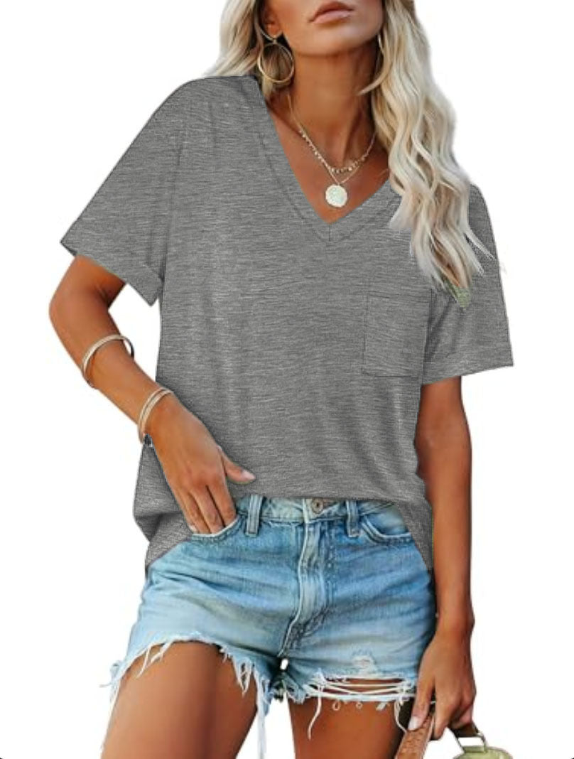 Damen V-Ausschnitt T-Shirt mit Taschen und lässiger Passform, Größe