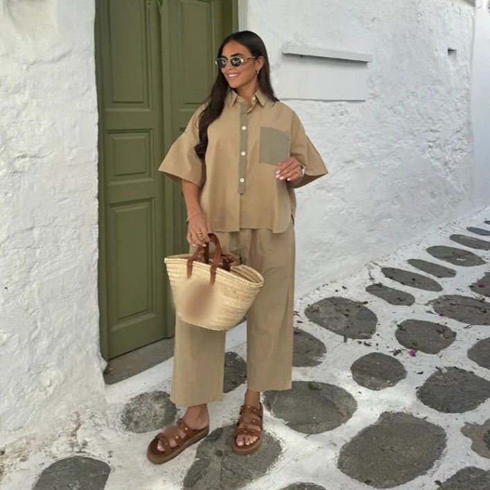 Women's casual two-piece suit with a chic shirt and wide-legged trousers, size [size missing]