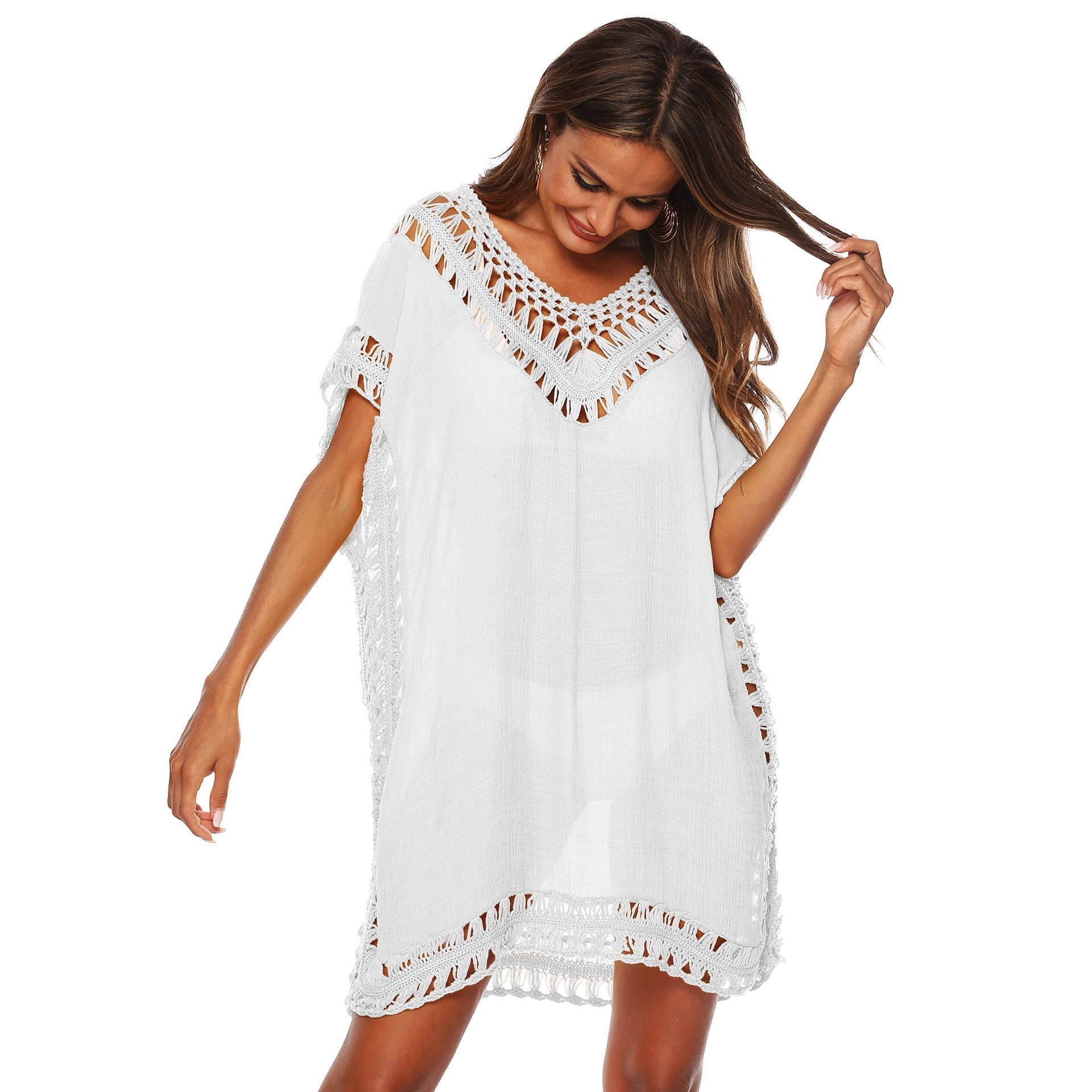 Women's beach tunic with artistic crochet embellishments, size Valenzora