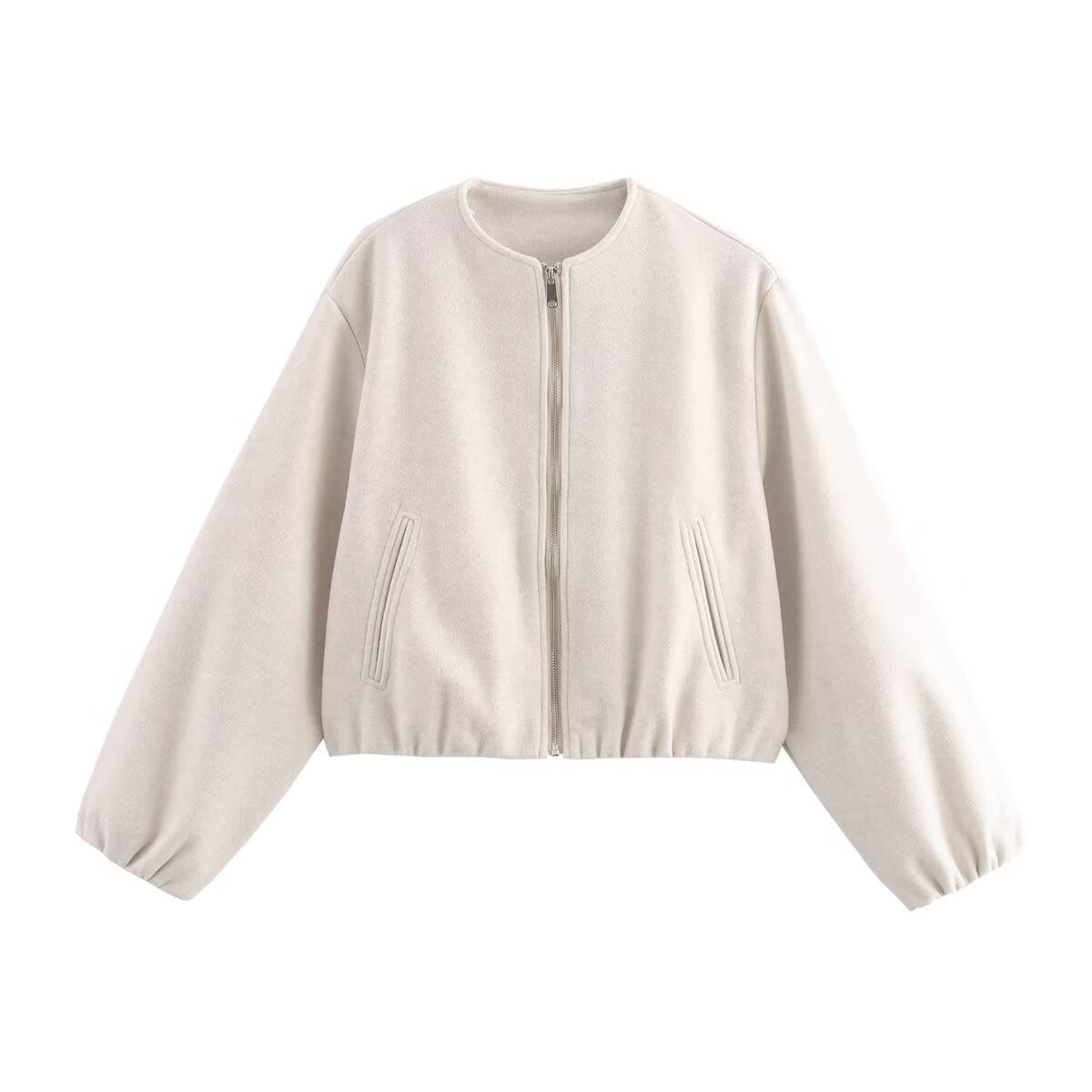 Women's casual short jacket with voluminous sleeves and metallic zipper, size S