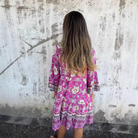 Women's Boho Chic Dress with Floral Patterns and Button Placket Drune