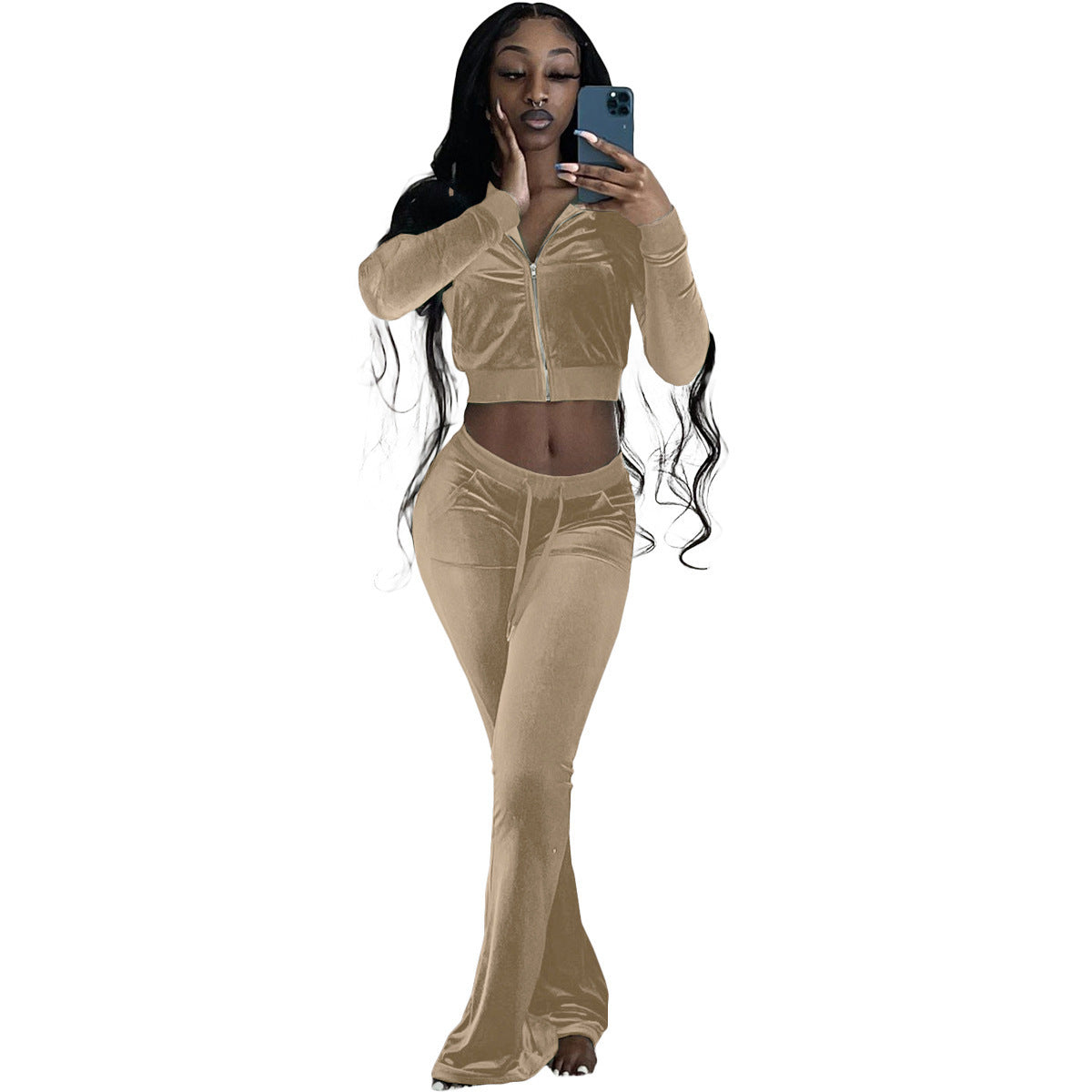 Women's velour tracksuit with zip front and wide-leg trousers, size