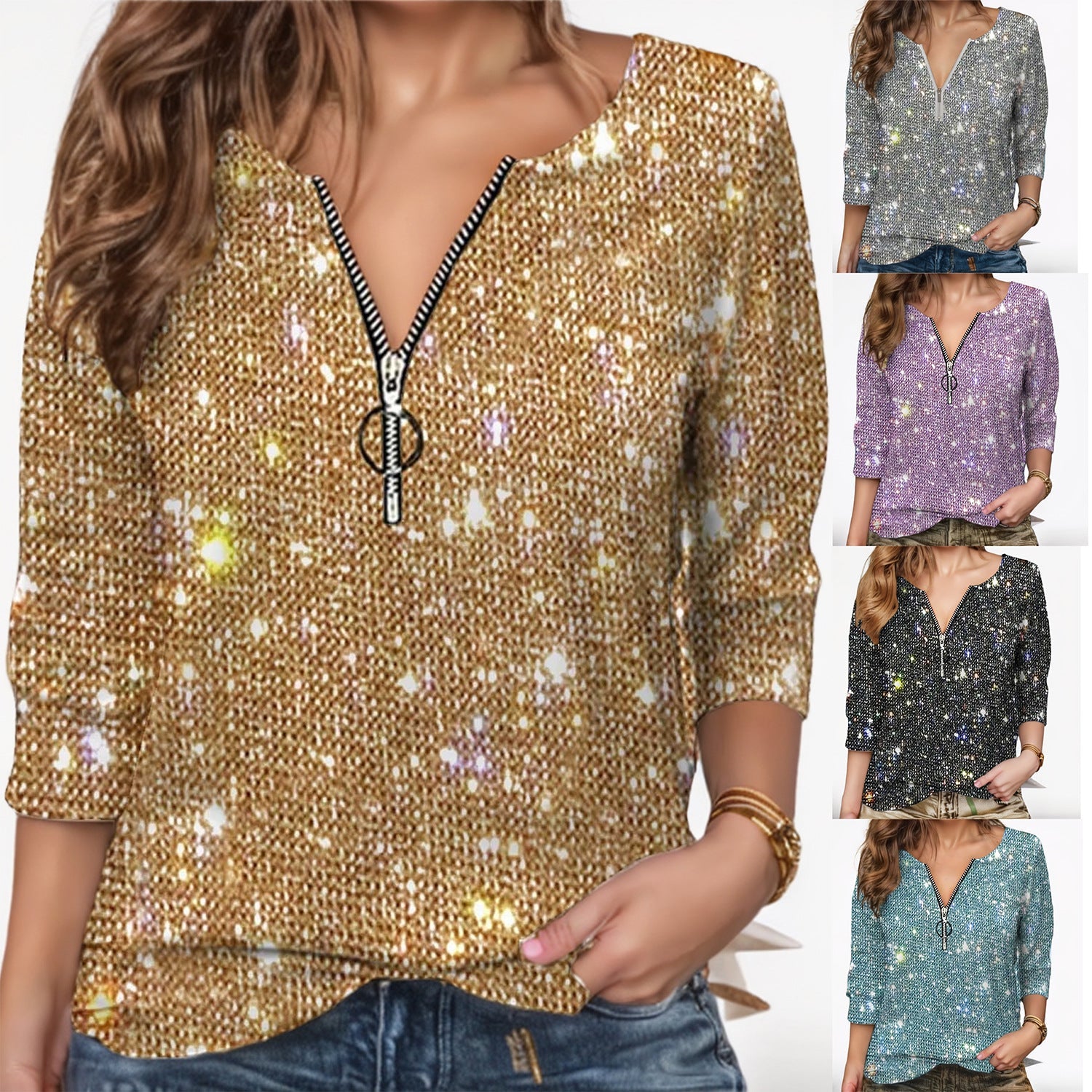 Damen Glitzer Bluse mit 3/4-Ärmeln Größe