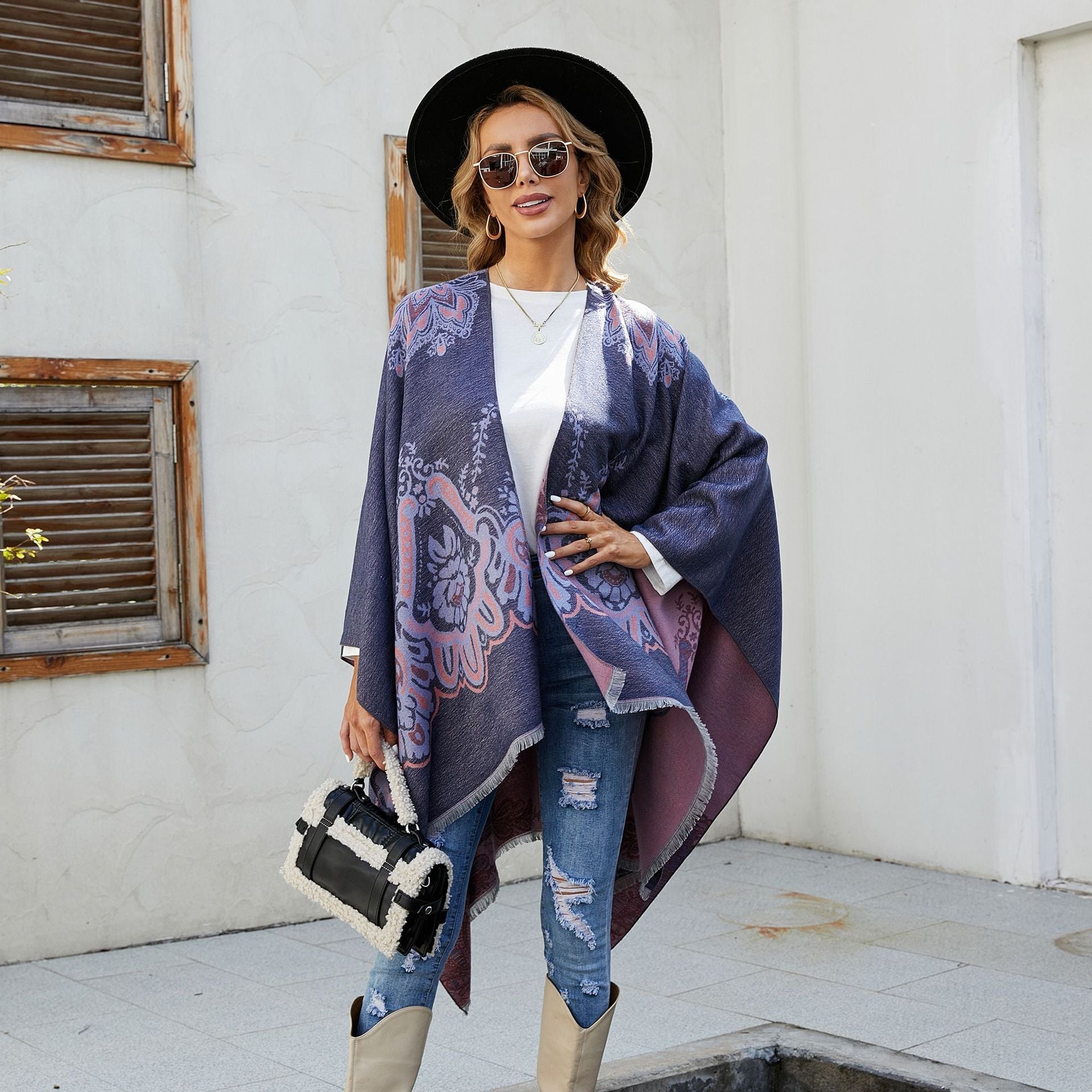 Women's Elegant Kimono Poncho with Artful Pattern and Fringed Edges Valenzora