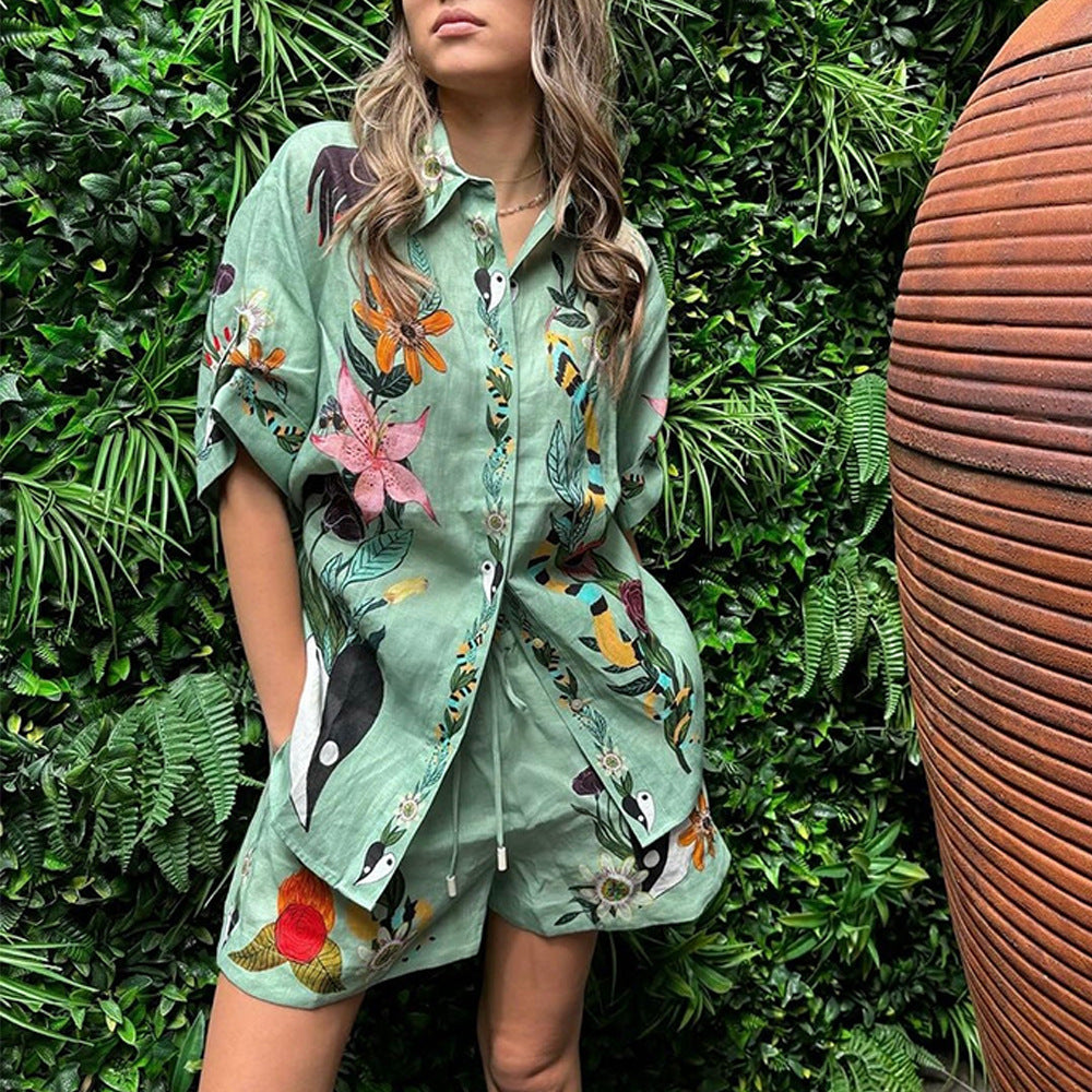 Valenzora | Summer Print Shirt Shorts Loose Casual Two-Piece Set