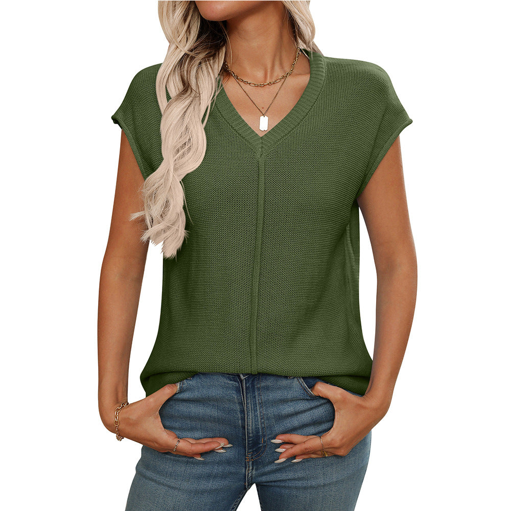 Women's modern V-neck knit top with airy texture, size S