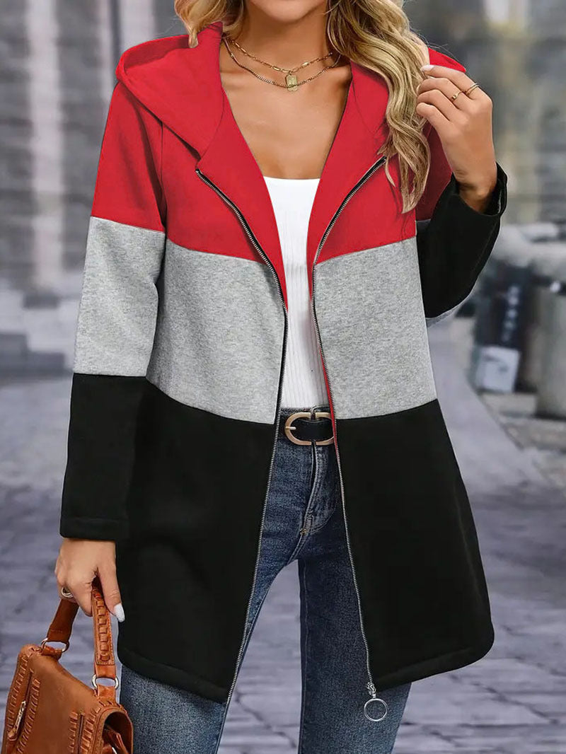 Women's hooded jacket with a modern color-block design and practical zip pockets, size