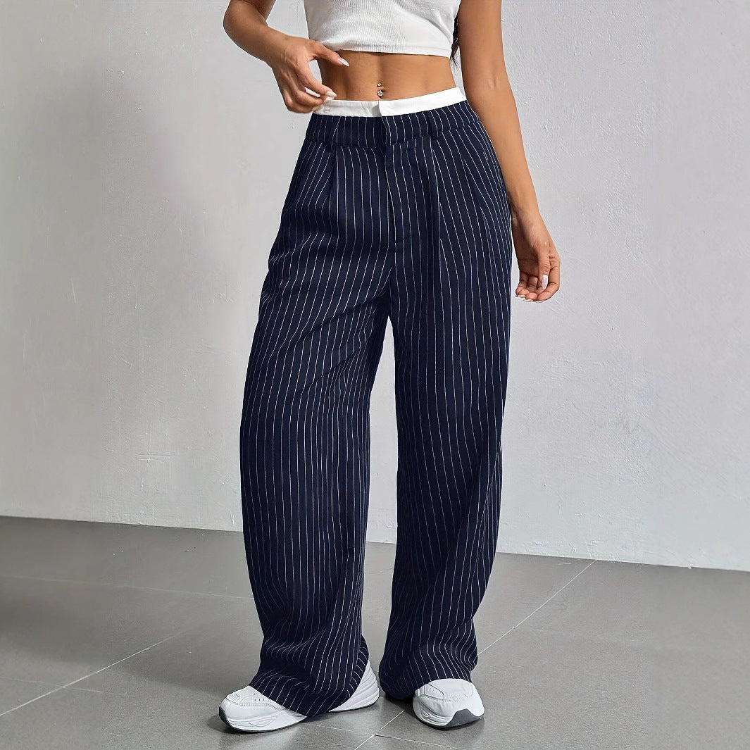 Elegante Damen-Hose mit weitem Bein und Nadelstreifen, hoher Bund, Größe