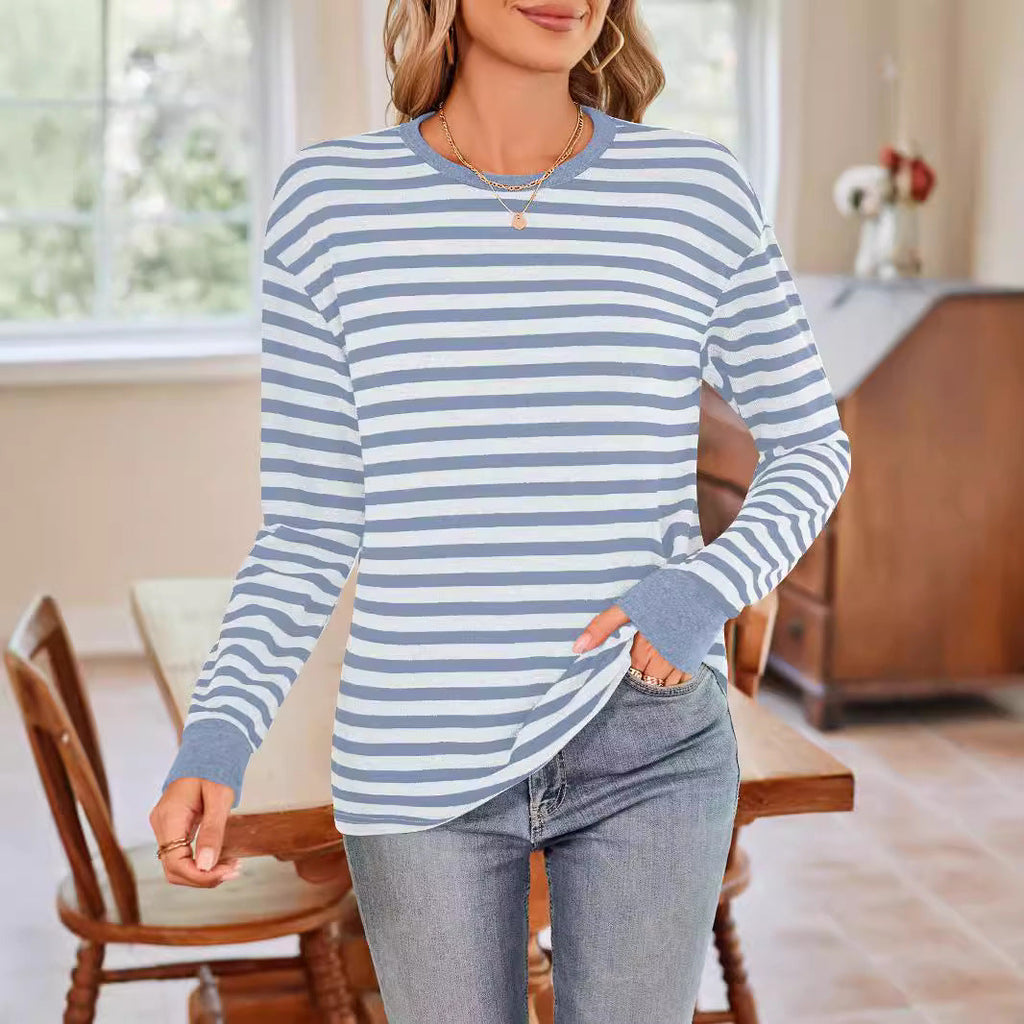 Bequemes Damen-Langarmshirt im Streifen-Design mit Rundhalsausschnitt, Größe