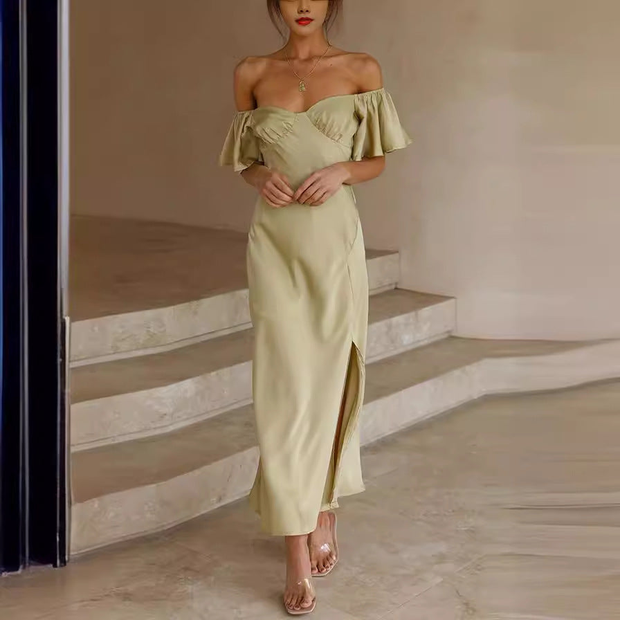 Women's off-the-shoulder midi dress with voluminous sleeves and elegant accents, size Valenzora