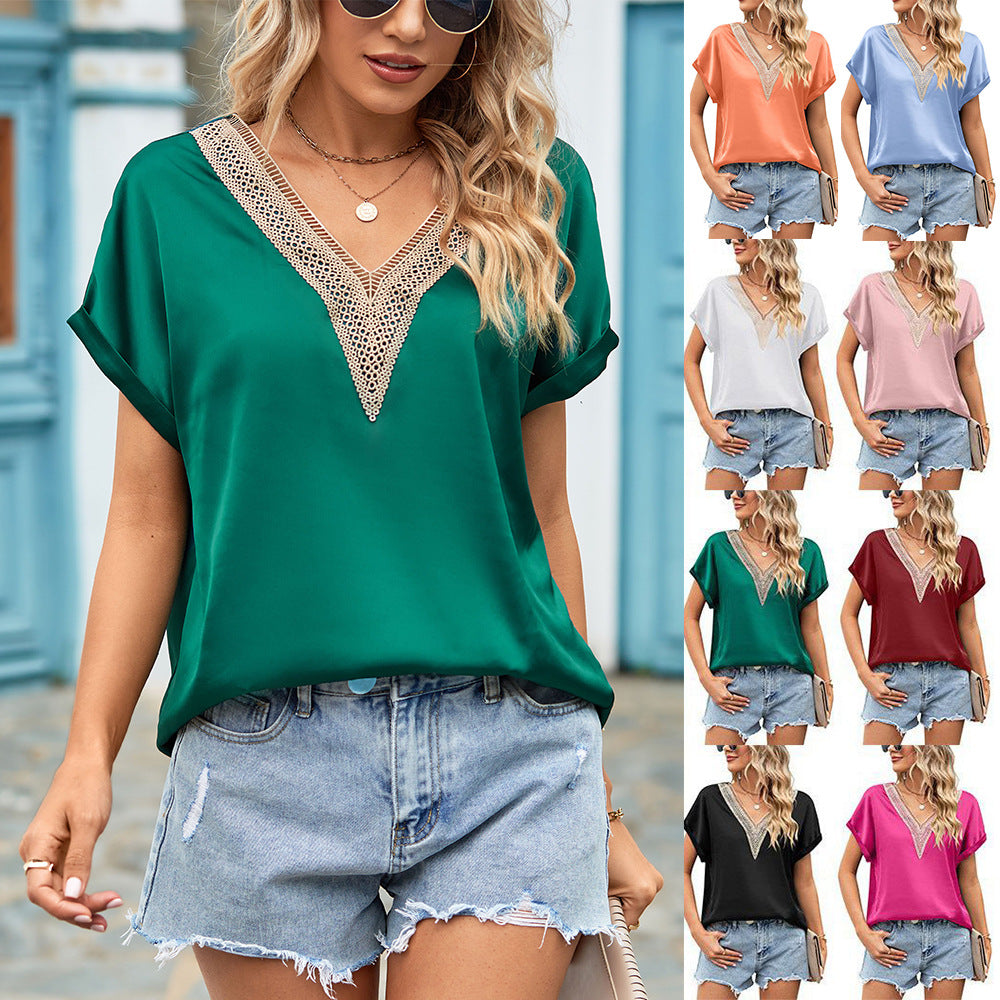 Damenbluse mit tiefem V-Ausschnitt und Häkeldetails, Größe