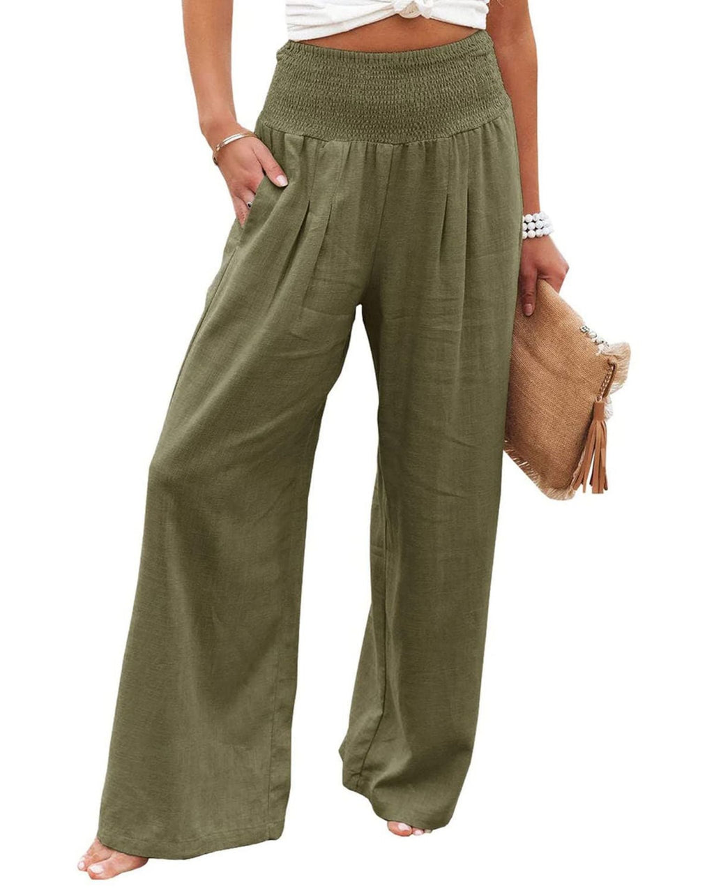 Damen-Leinenhose mit weitem Bein, elastischem Bund und Bundfalten, Größe