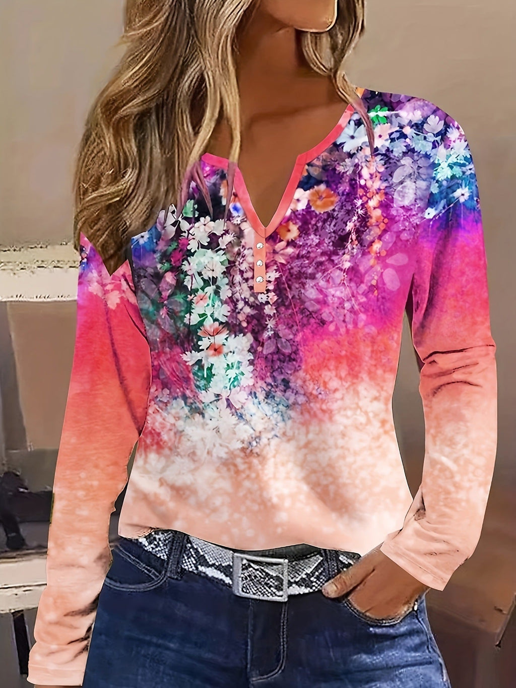 Valenzora | Florales Langarmshirt mit Rundhalsausschnitt