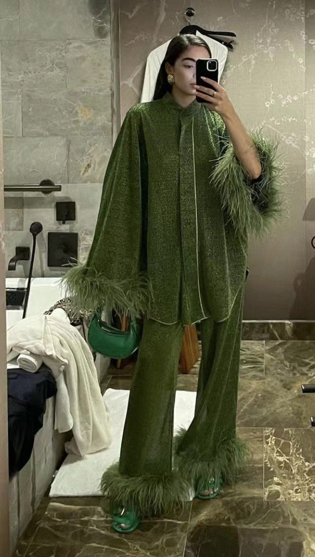 Valenzora | Autumn Winter Feather Stand-up Collar Long Sleeve Top and Trousers Set