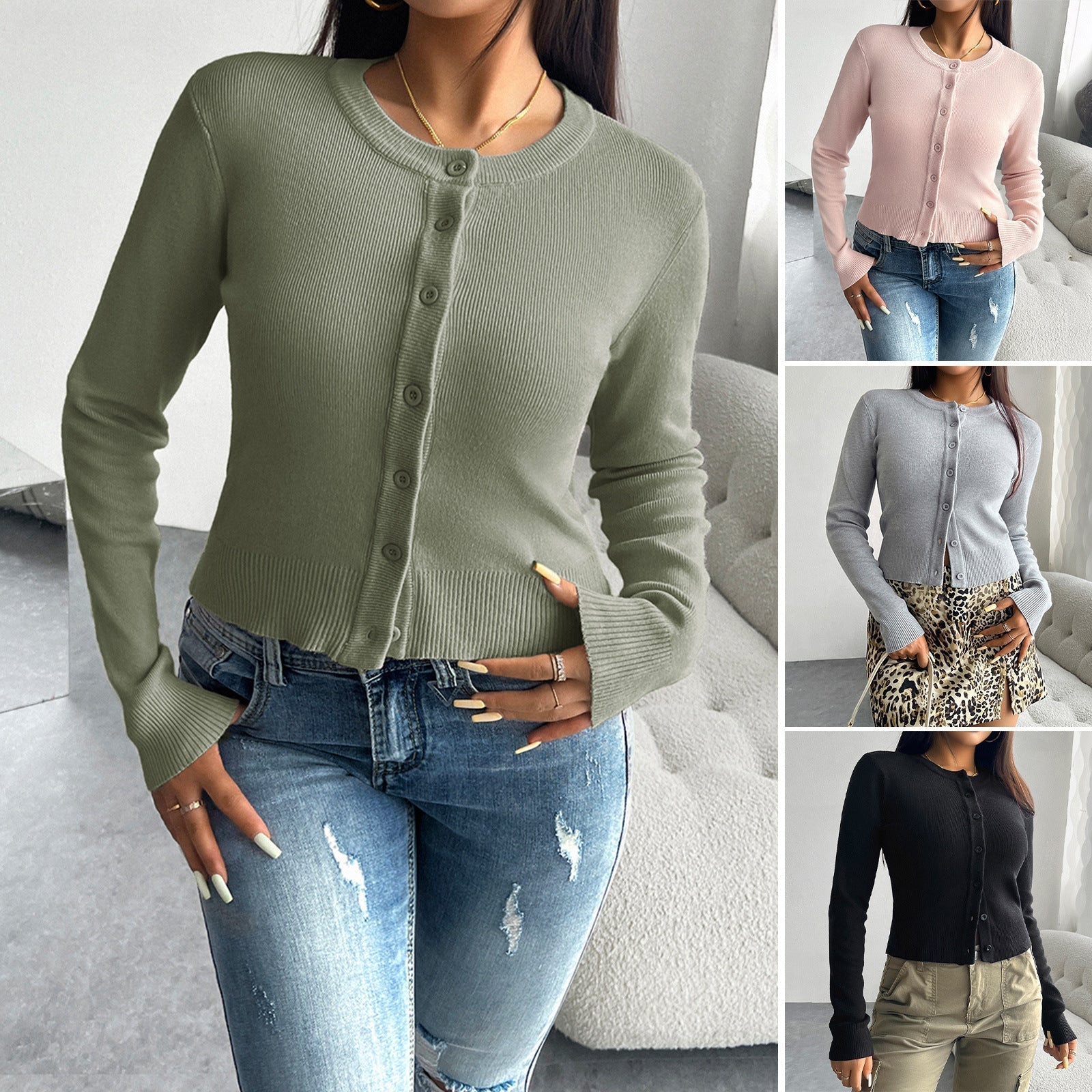Women's cardigan with fine rib texture and button closure, size [size missing]