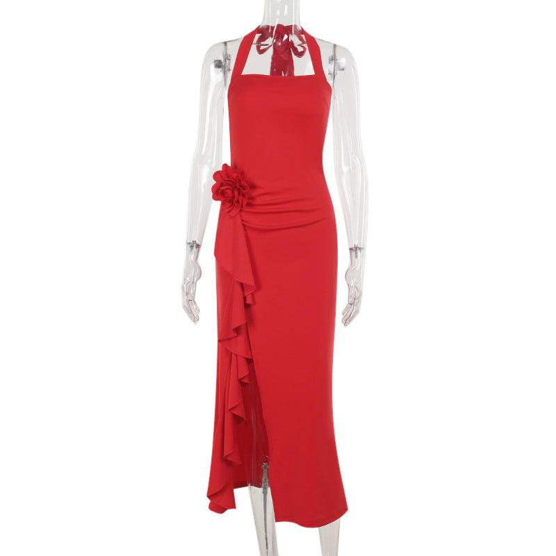 Women's evening dress with asymmetrical ruffle design and seductive halter neck, size Valenzora