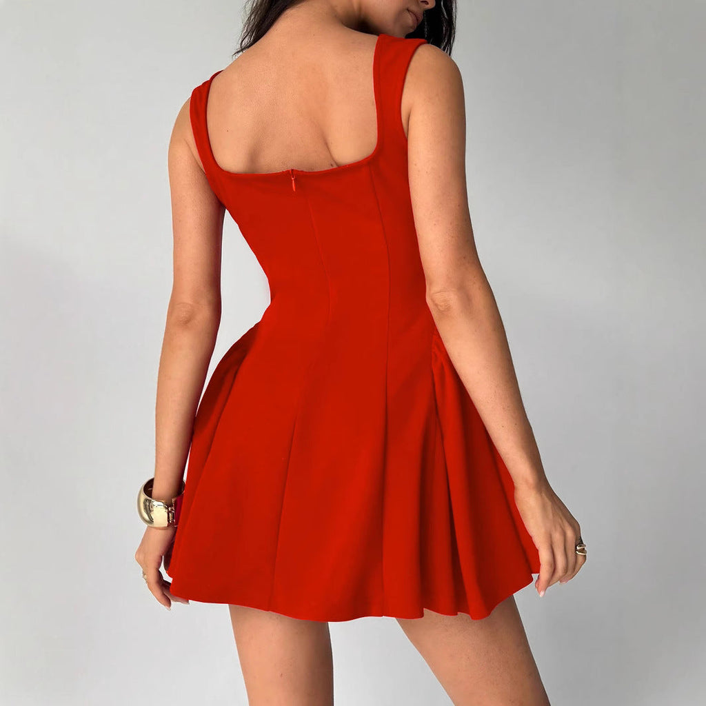 Women's A-line dress with square neckline and swing skirt, size
