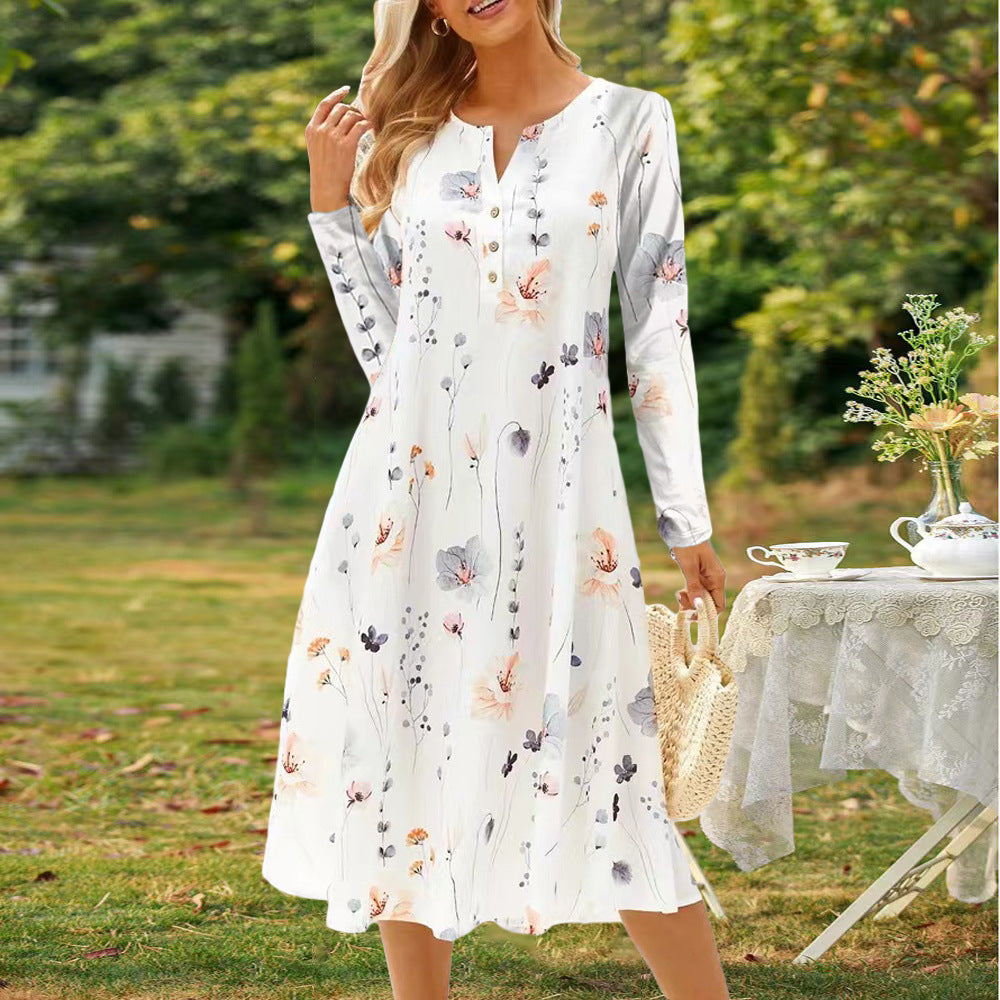 Valenzora | Printed V-neck button-up long-sleeved dress