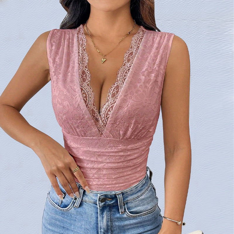 Damen-Spitzentop mit V-Ausschnitt und Raffung, Größe