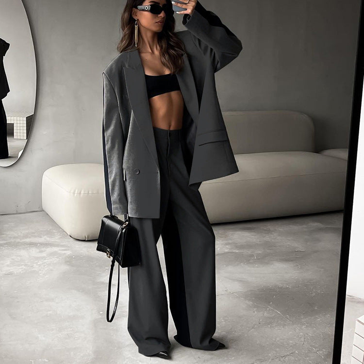 Valenzora | Office Casual Women's Contrast Color Coat & Wide Leg Trousers Sat