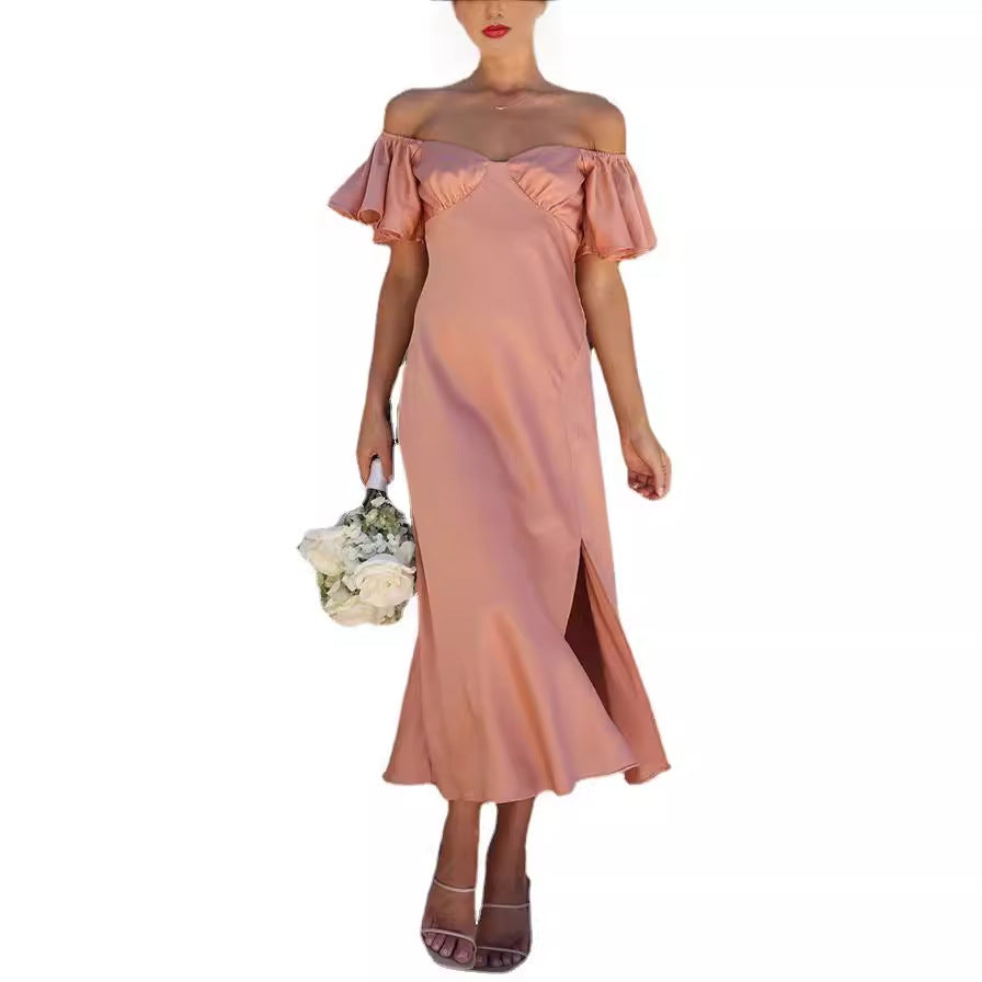 Women's off-the-shoulder midi dress with voluminous sleeves and elegant accents, size Valenzora
