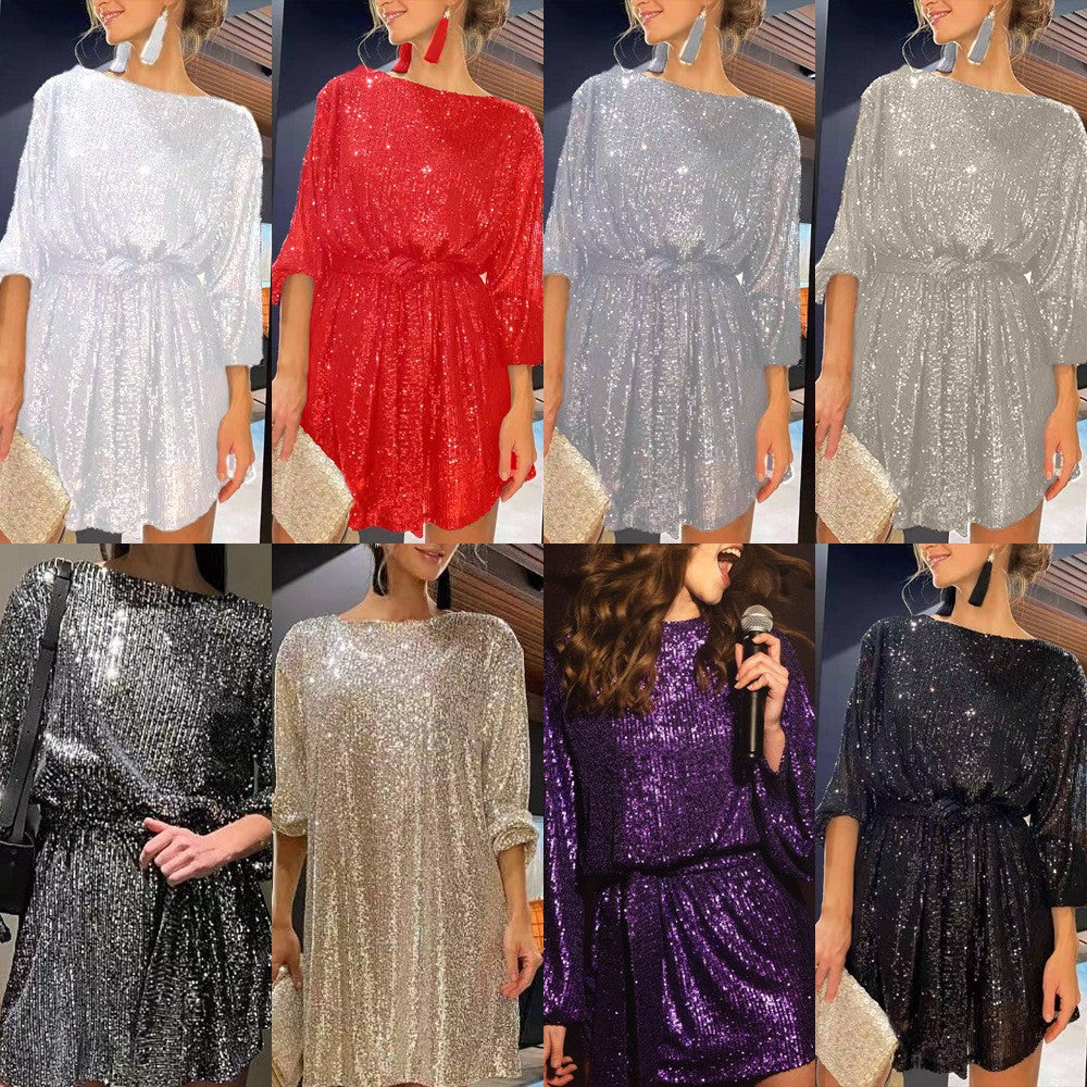 Valenzora | Holiday party wear sequined waist belt dress