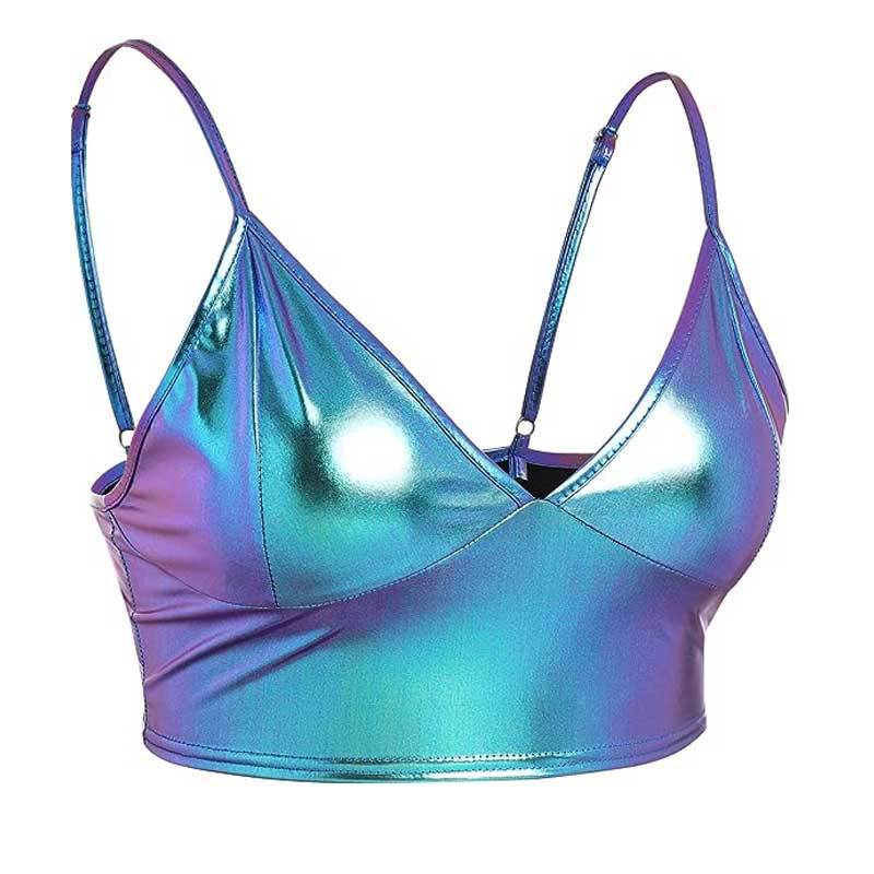 Women's crop top with shiny metallic look and adjustable straps, size
