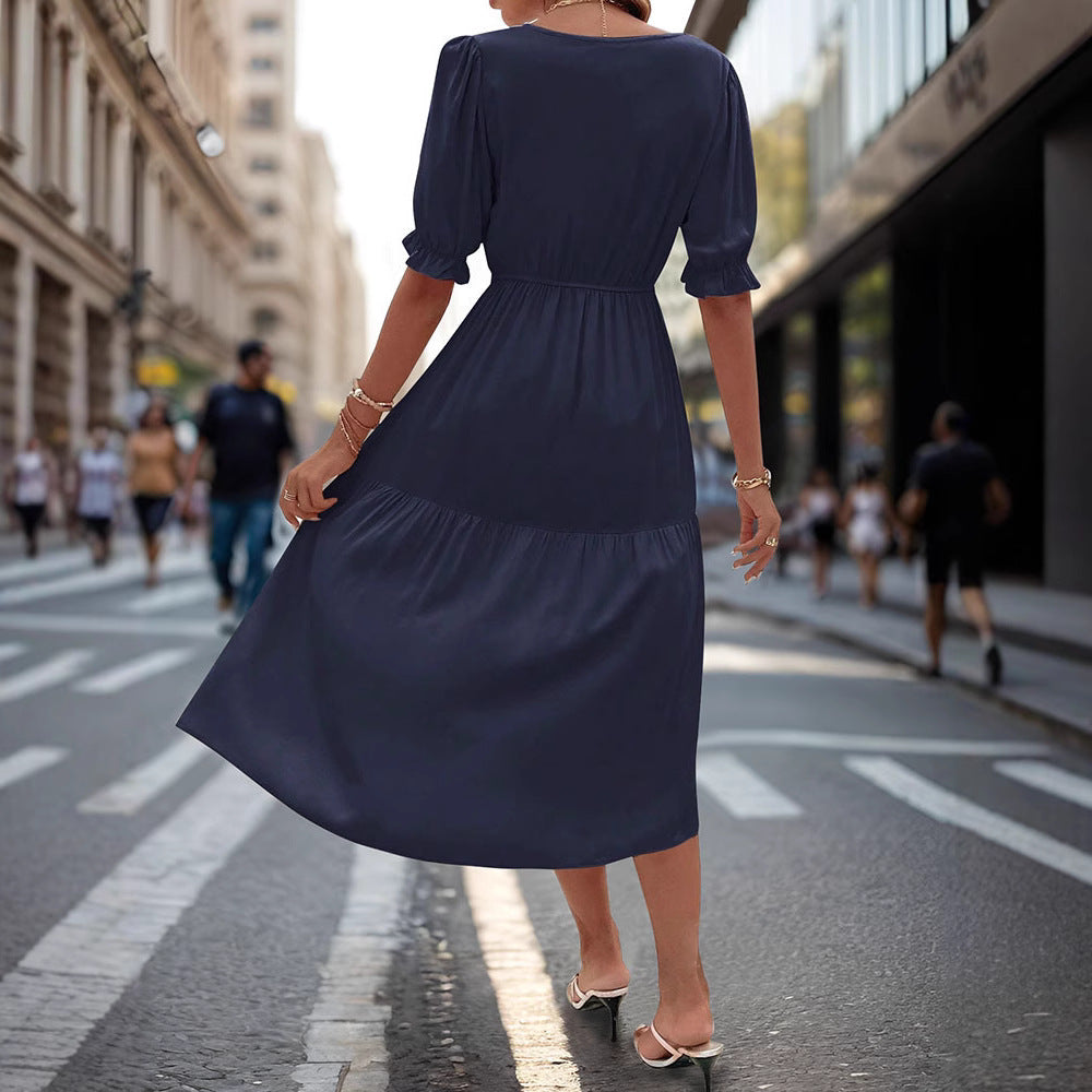 Damen-Midikleid mit geknöpftem V-Ausschnitt und luftigen Puffärmeln, Größe