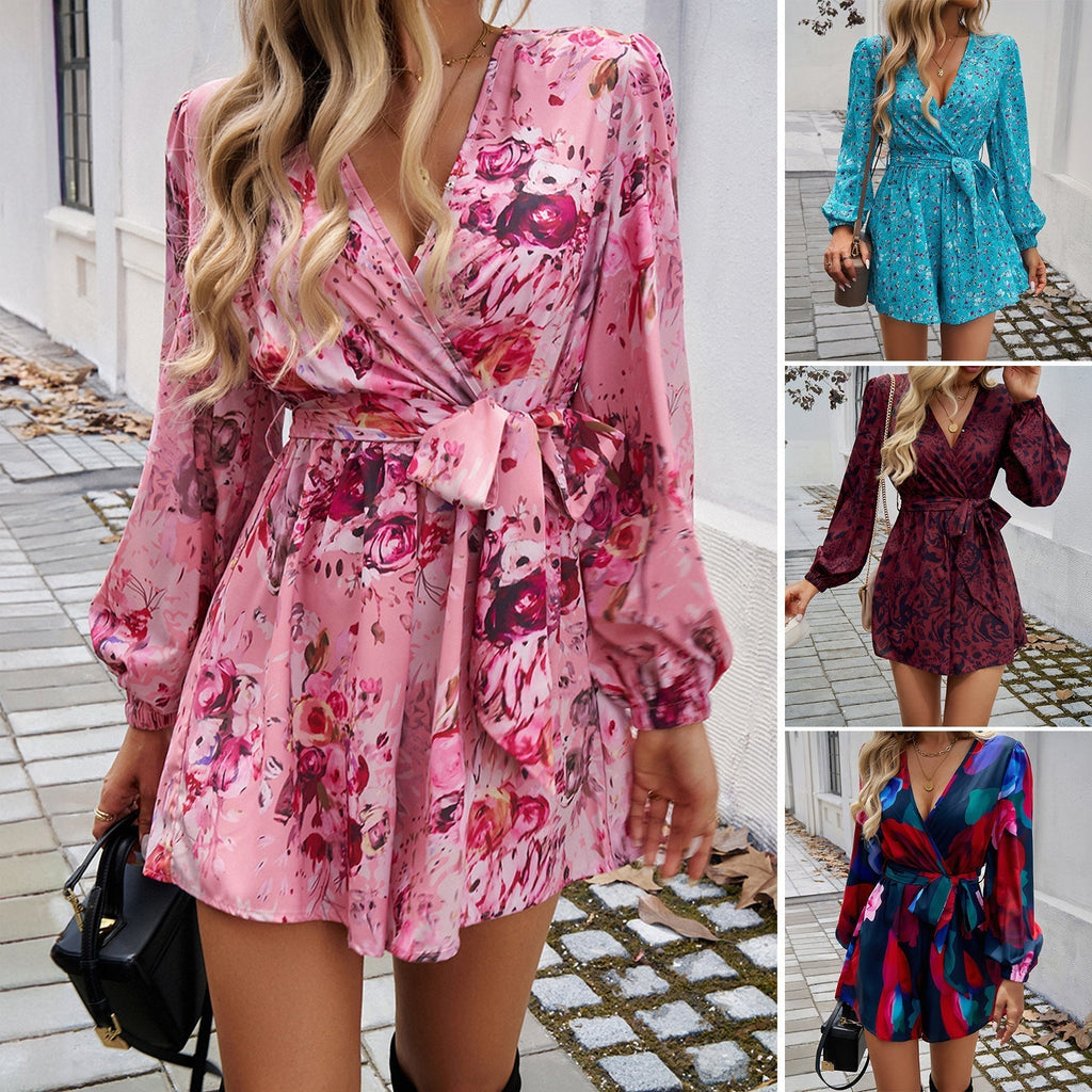 Women's wrap dress with playful floral design and elegant puff sleeves, size [size missing]