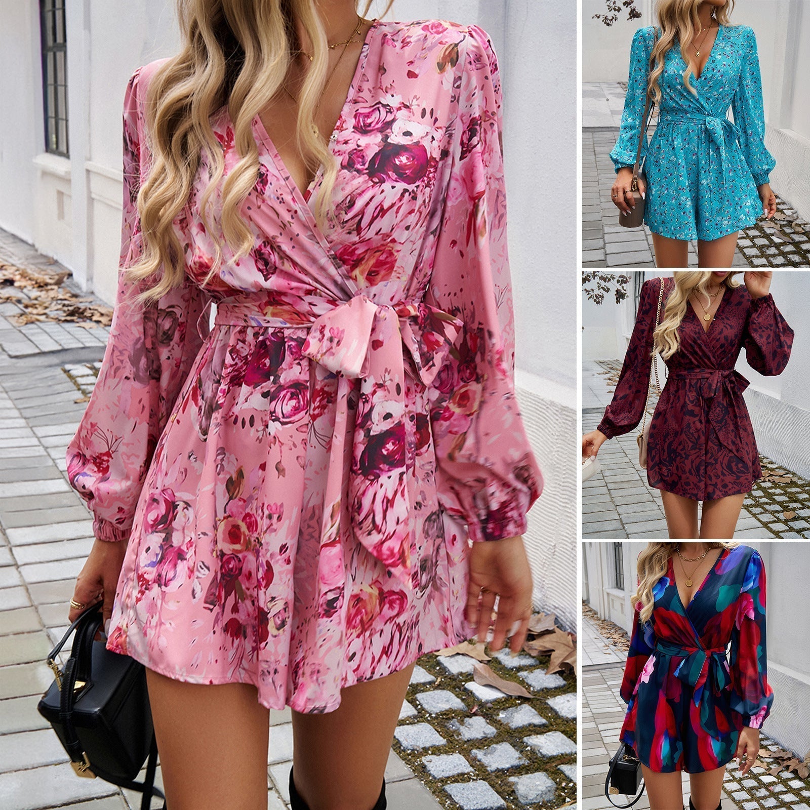 Women's wrap dress with playful floral design and elegant puff sleeves, size [size missing]
