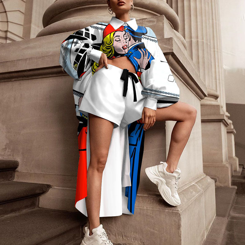 Women's oversized shirt with graphic print and shorts combination, size S