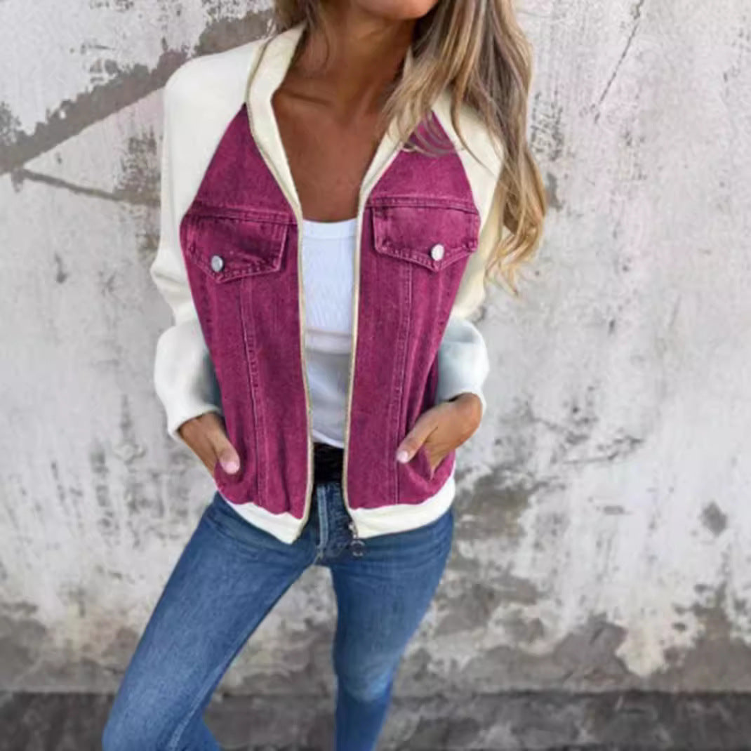 Damen-Jeansjacke mit kontrastierenden Ärmeln und praktischen Taschen, Größe S