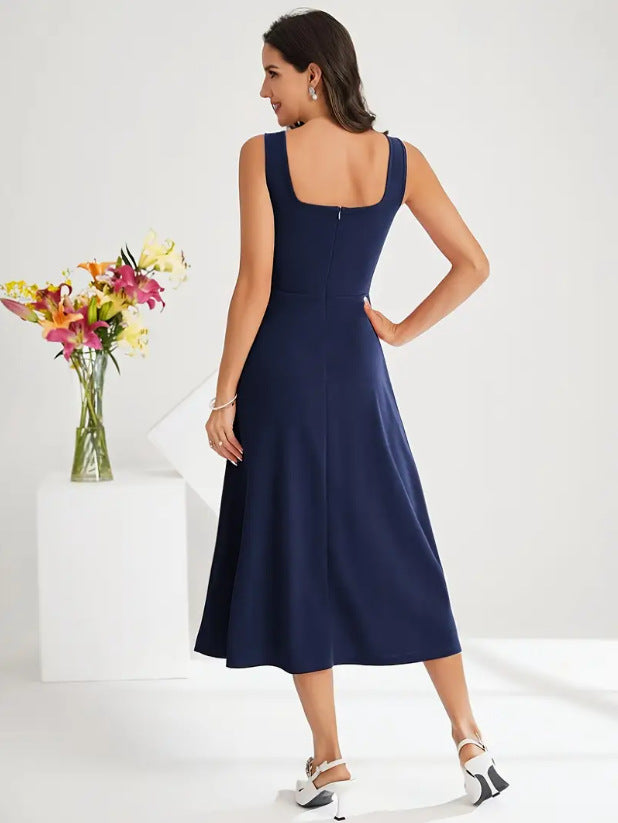 Valenzora | Elegant dress with straps, dark blue color