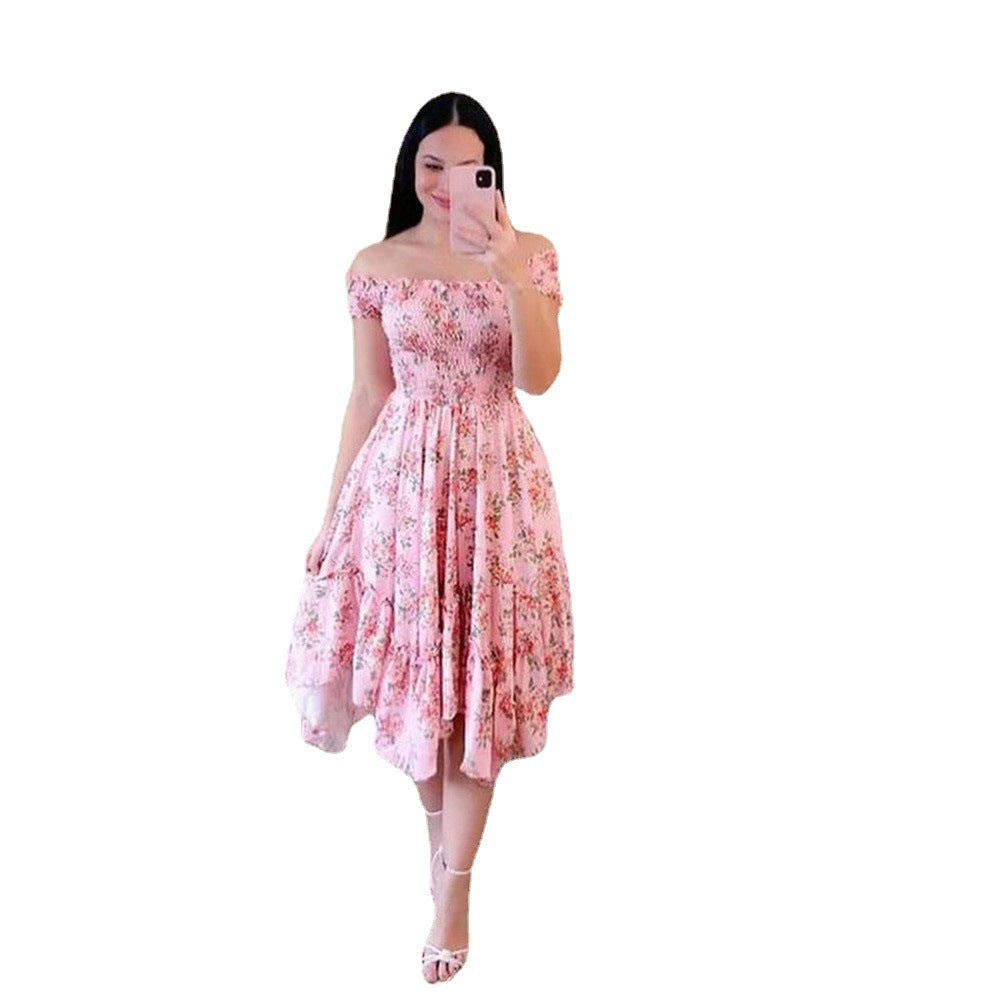 Women's summer off-the-shoulder dress with a colorful butterfly pattern and flowing pleats, size S