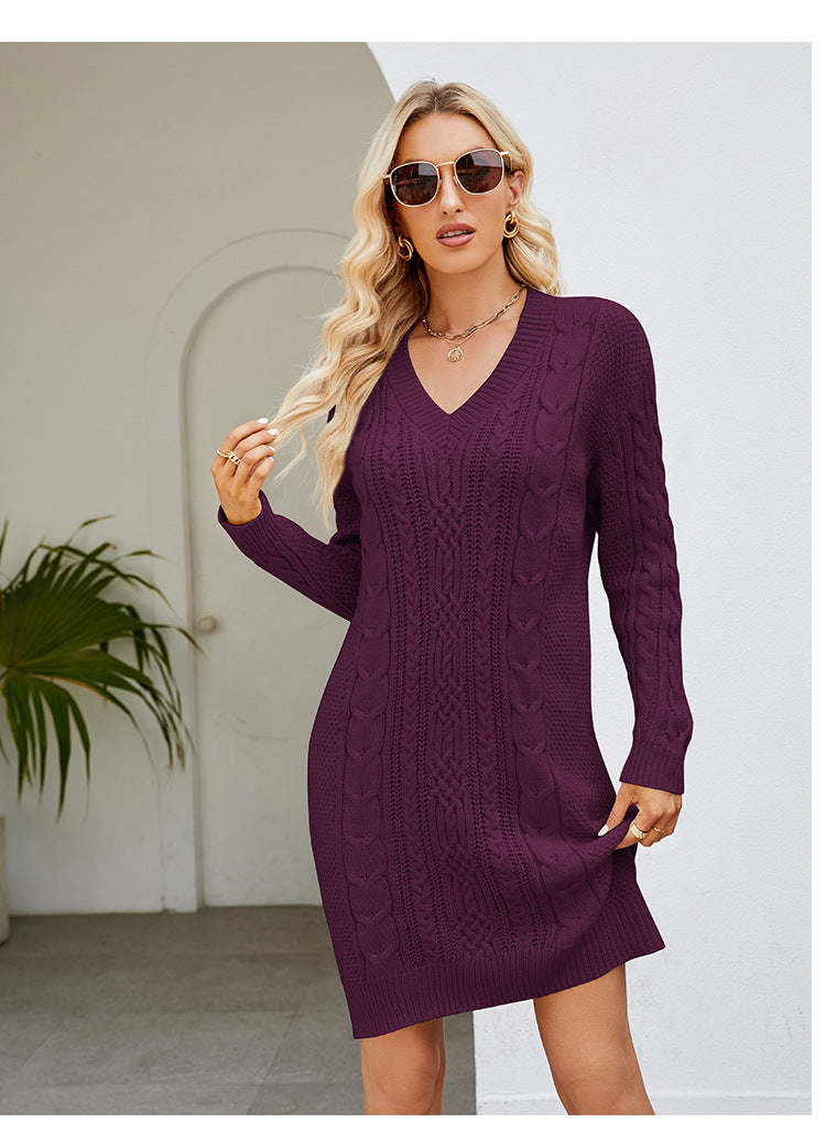 Valenzora | Einfarbiges V-Ausschnitt-Strickkleid mit Schwung