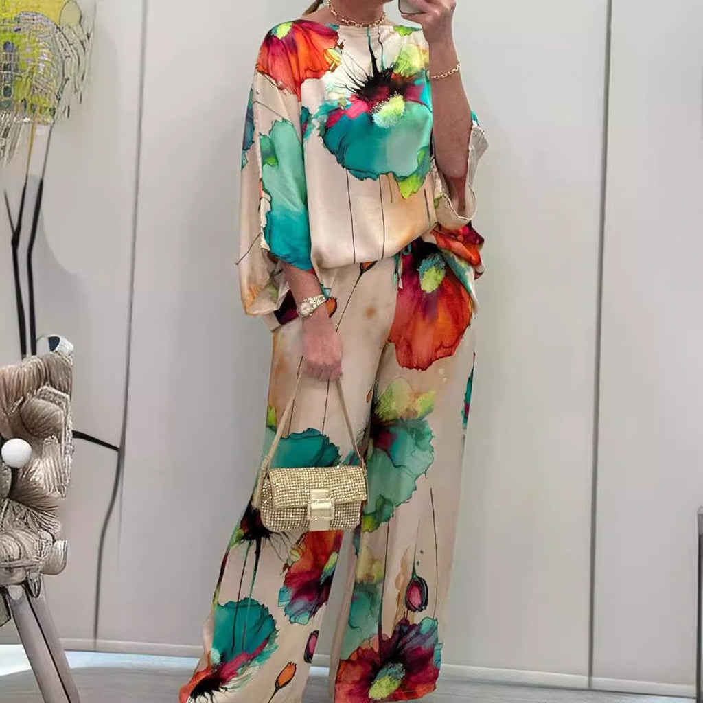 Valenzora | Elegant satin one-shoulder printed loose set