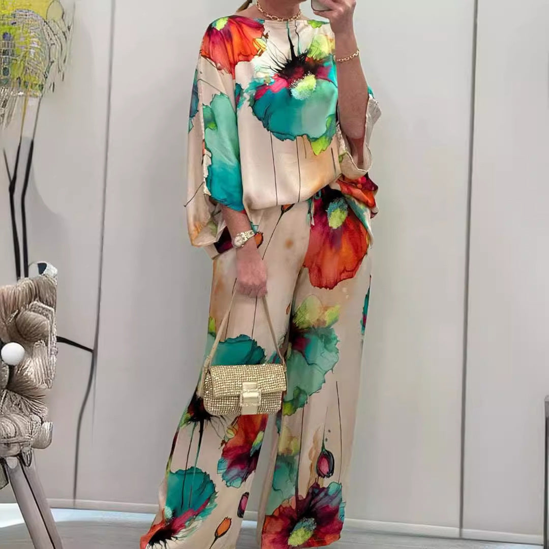 Valenzora | Elegant satin one-shoulder printed loose set