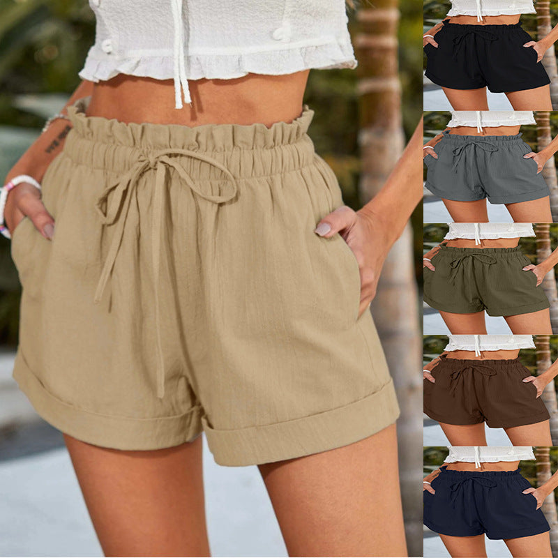 Women's casual shorts with elastic waistband and ruffle detail, size S
