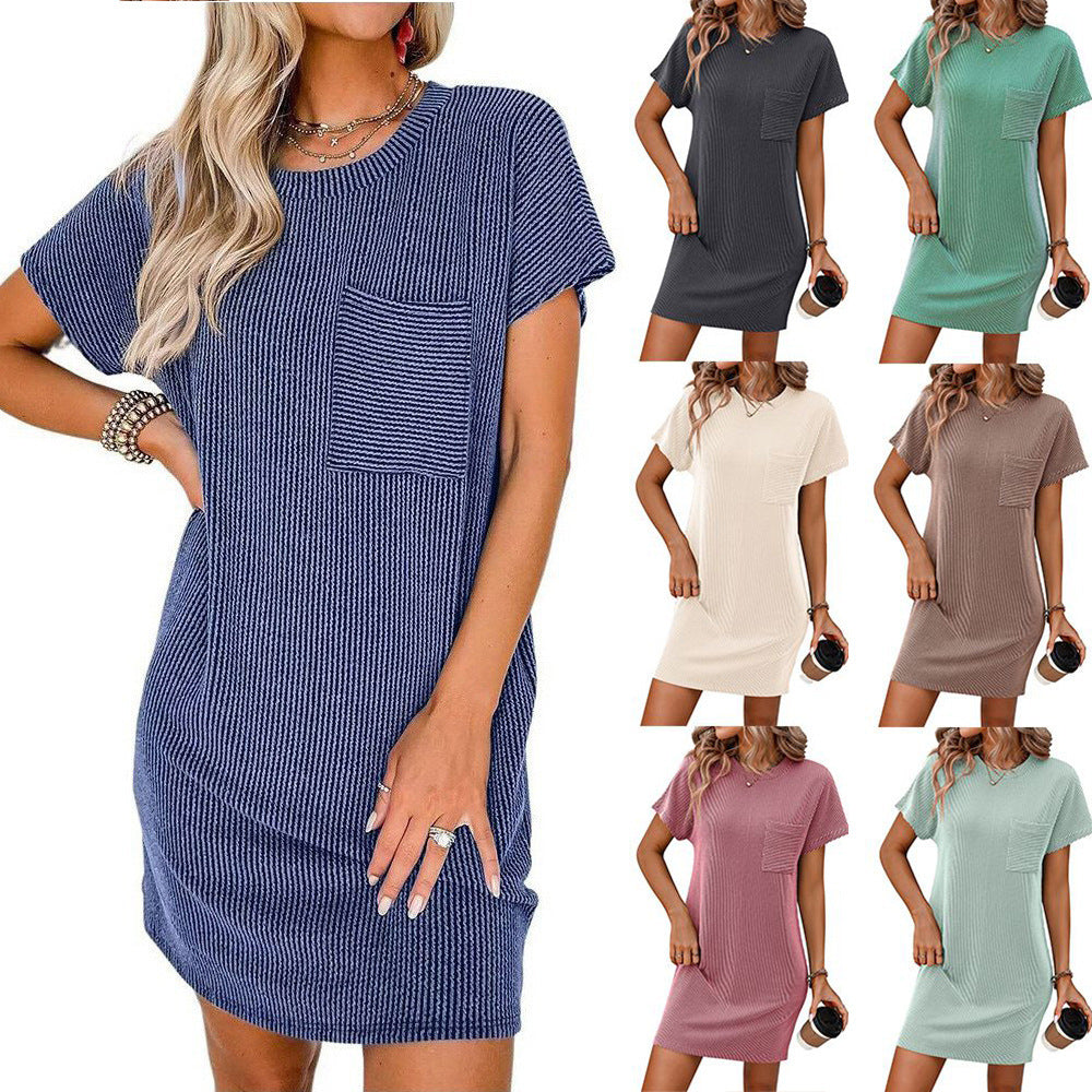 Women's casual short-sleeved dress with striped design and practical pocket, size S