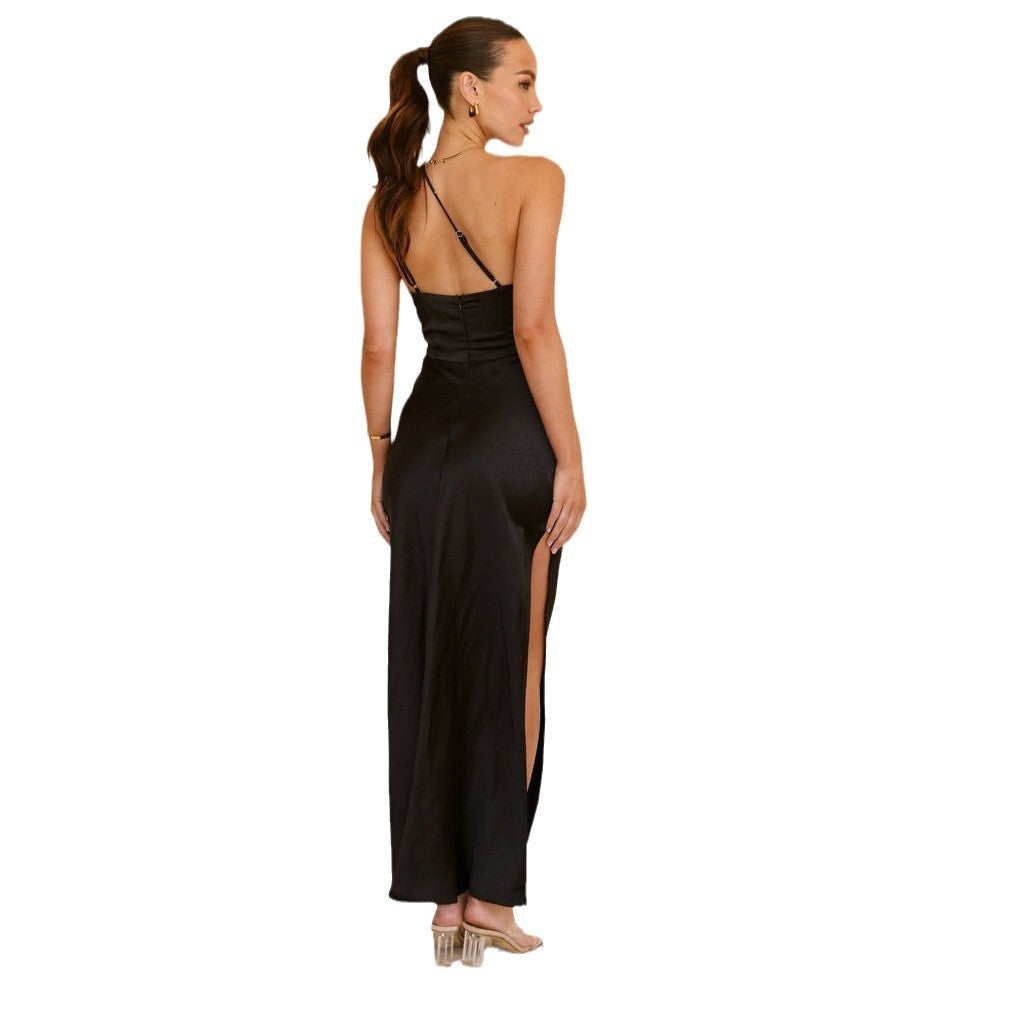 Women's sheath dress with asymmetrical neckline and flowing cut, size