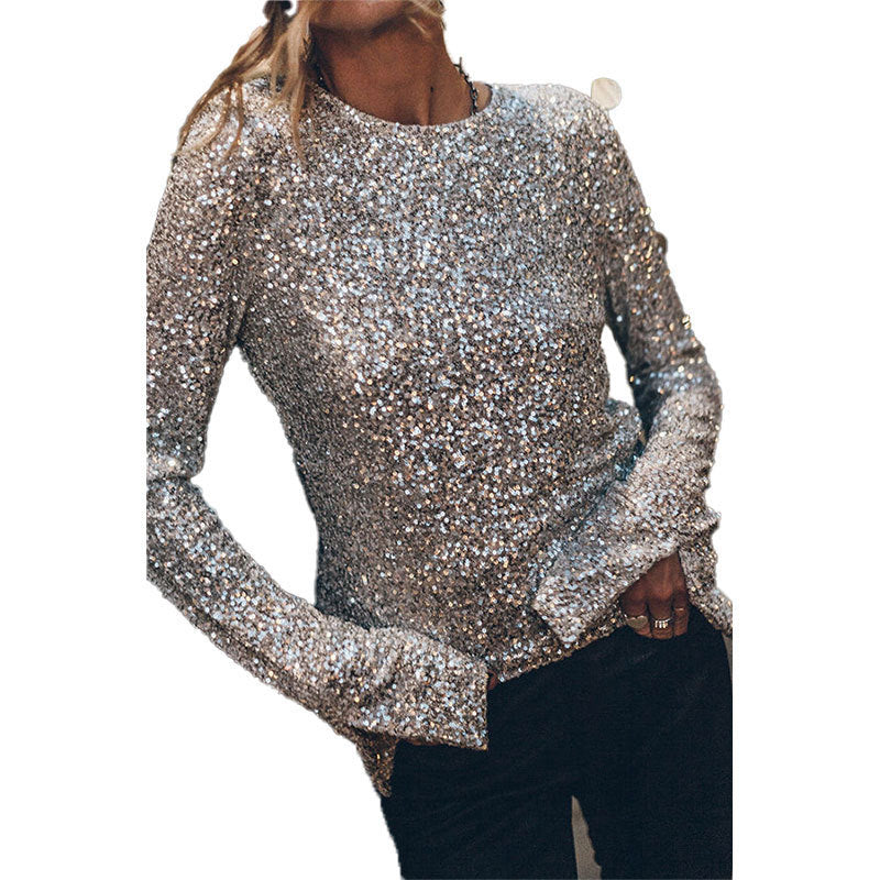 Women's glittery top with long ruffled sleeves and all-over sequins, size [size missing]