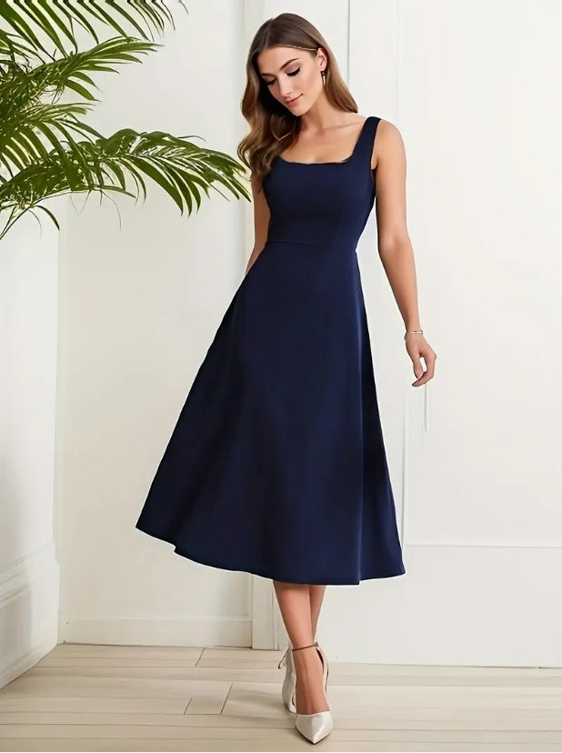 Valenzora | Elegant dress with straps, dark blue color