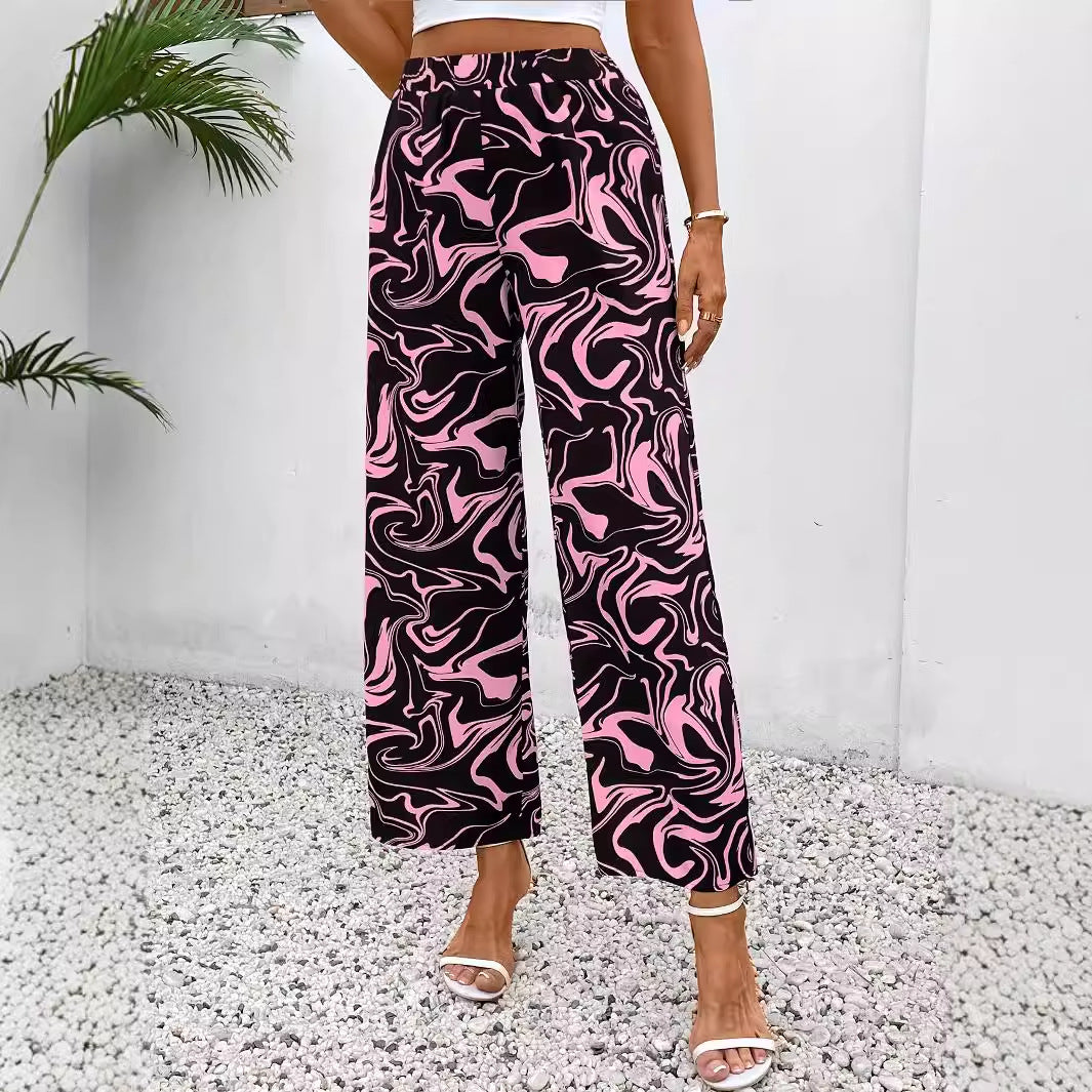 Damen-Palazzohose mit weitem Bein, modernem Marmordruck und elastischem Bund, Größe S