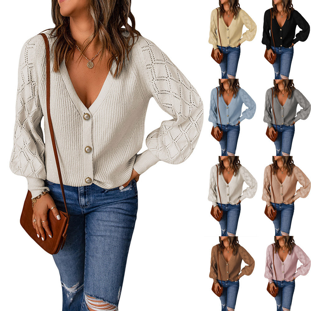 Women's cardigan with V-neck and puff sleeves, size