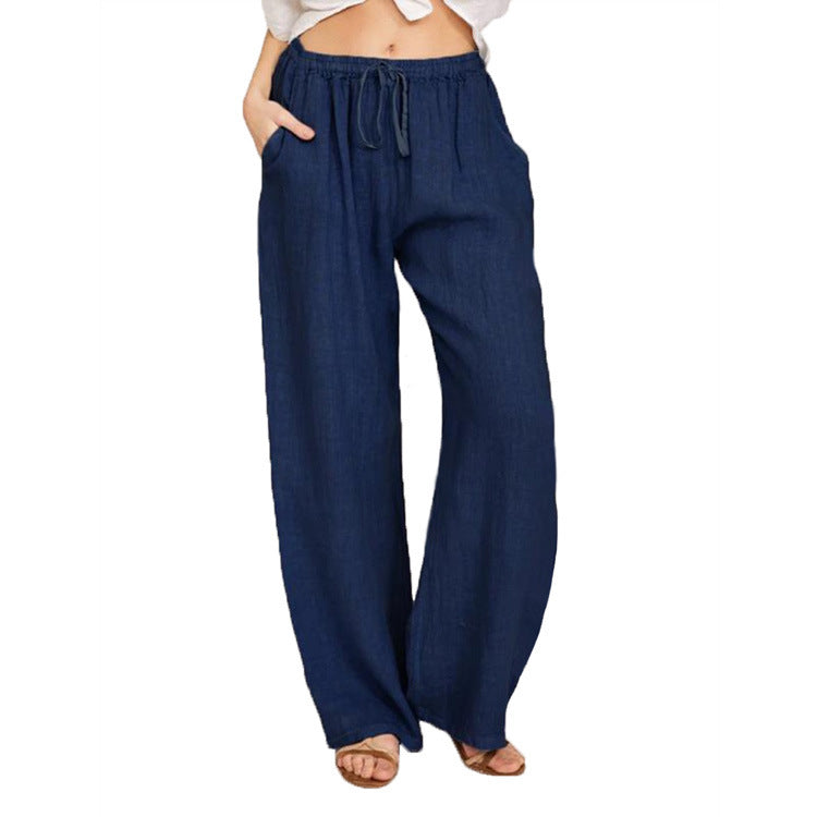 Women's wide linen trousers with elasticated waistband and practical pockets, size