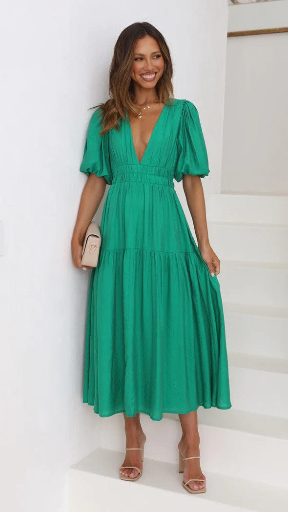 Valenzora | Lässige Trends Sommer V-Ausschnitt Figurbetontes Taillenkleid Midilänge