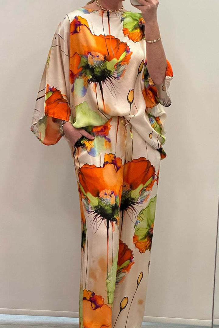 Valenzora | Elegant satin one-shoulder printed loose set